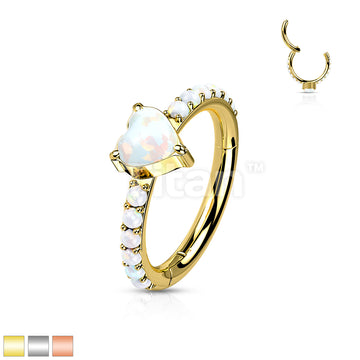Implant Grade Titanium Hinged Segment Hoop Ring With Opal Heart Center and Pave Opal Sides - Image 2