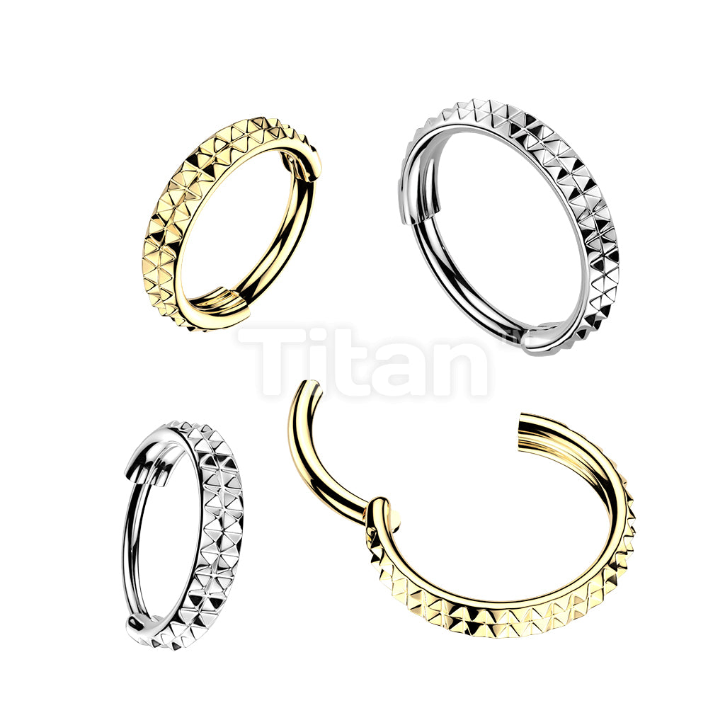 Titanium Hinged Segment Hoop Ring With Double Lined Outward Facing Pyramid Cuts 16ga-20ga