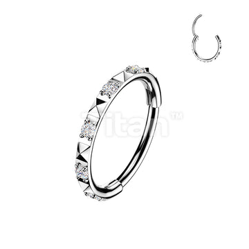 Titanium 18g & 20g Hinged Segment Hoop Ring With CZ Between Pyramid Cuts for Nose, Ear and More - Image 2
