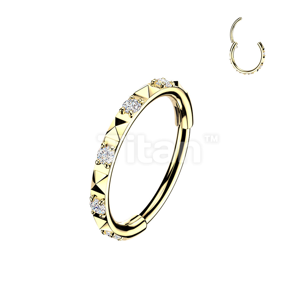 Titanium 18g & 20g Hinged Segment Hoop Ring With CZ Between Pyramid Cuts for Nose, Ear and More - Image 4