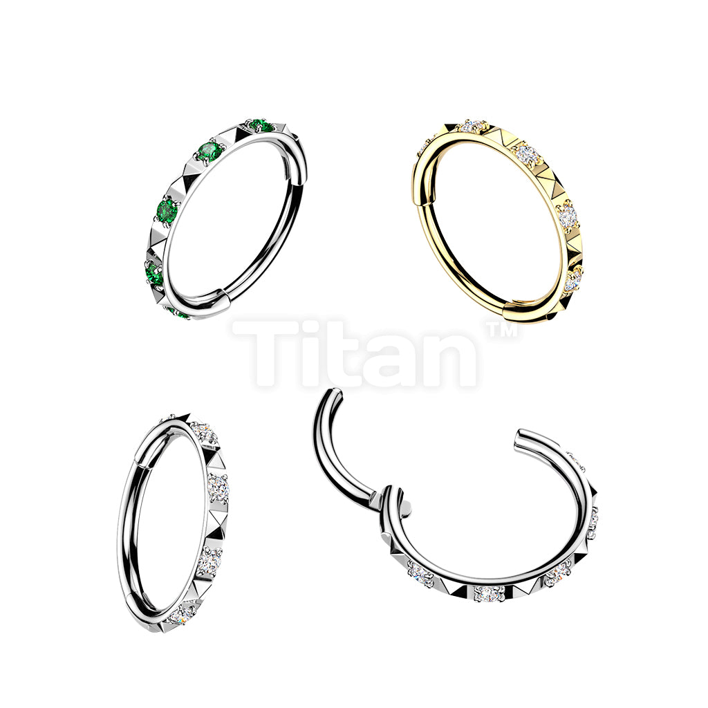 Titanium 18g & 20g Hinged Segment Hoop Ring With CZ Between Pyramid Cuts for Nose, Ear and More
