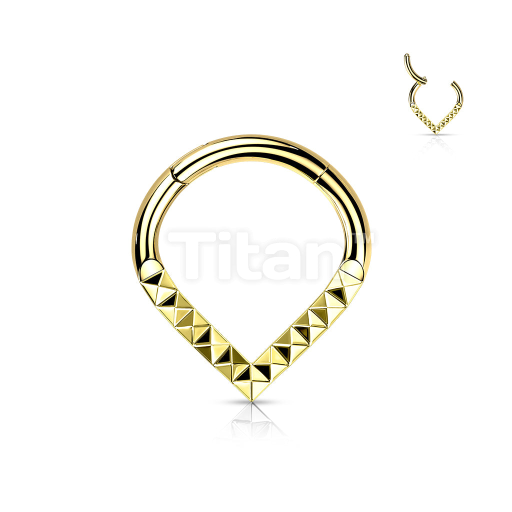 Implant Grade Titanium Hinged Segment Hoop Ring With Pyramid Cut Studded Single Line Chevron - Image 3