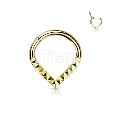 Implant Grade Titanium Hinged Segment Hoop Ring With Pyramid Cut Studded Single Line Chevron - Image 3