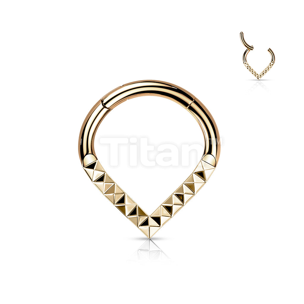 Implant Grade Titanium Hinged Segment Hoop Ring With Pyramid Cut Studded Single Line Chevron - Image 4