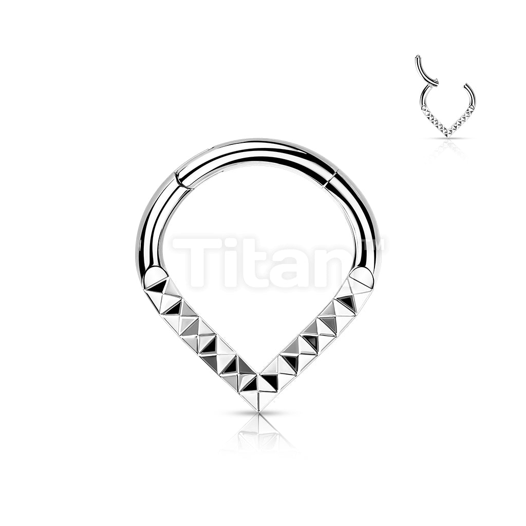 Implant Grade Titanium Hinged Segment Hoop Ring With Pyramid Cut Studded Single Line Chevron - Image 5