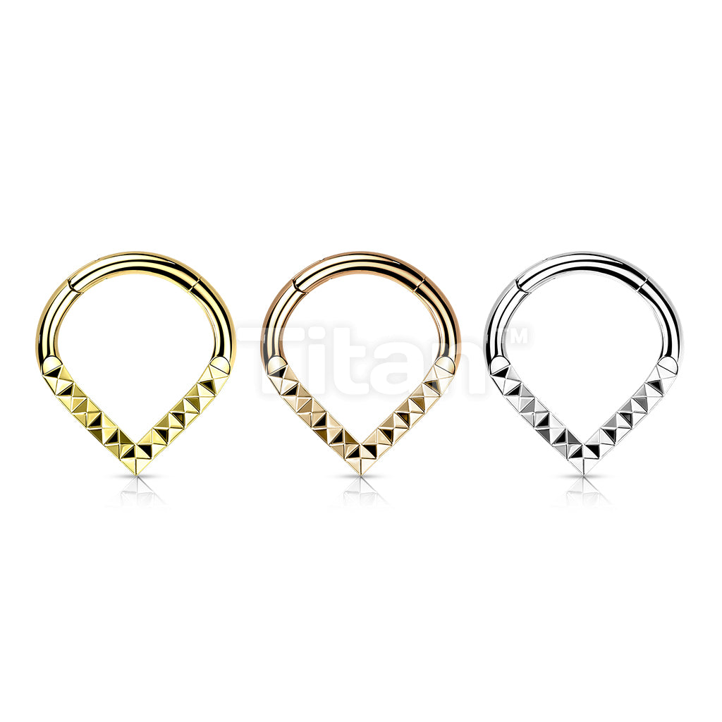 Implant Grade Titanium Hinged Segment Hoop Ring With Pyramid Cut Studded Single Line Chevron - Image 7