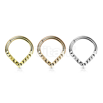 Implant Grade Titanium Hinged Segment Hoop Ring With Pyramid Cut Studded Single Line Chevron - Image 7