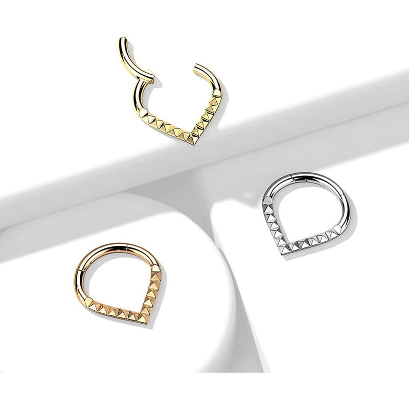 Implant Grade Titanium Hinged Segment Hoop Ring With Pyramid Cut Studded Single Line Chevron