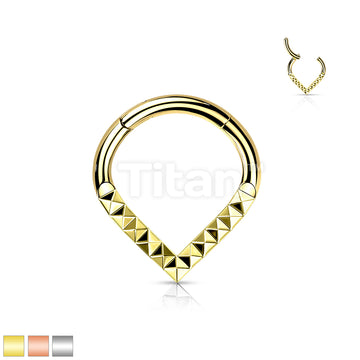 Implant Grade Titanium Hinged Segment Hoop Ring With Pyramid Cut Studded Single Line Chevron - Image 2