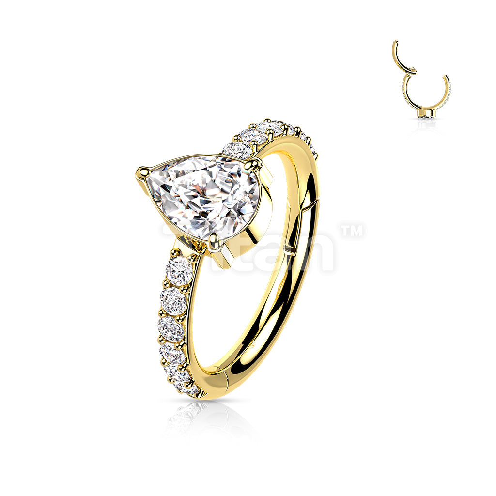 Implant Grade Titanium Hinged Segment Hoop Ring With Teardrop CZ Center and Pave CZ Sides - Image 4