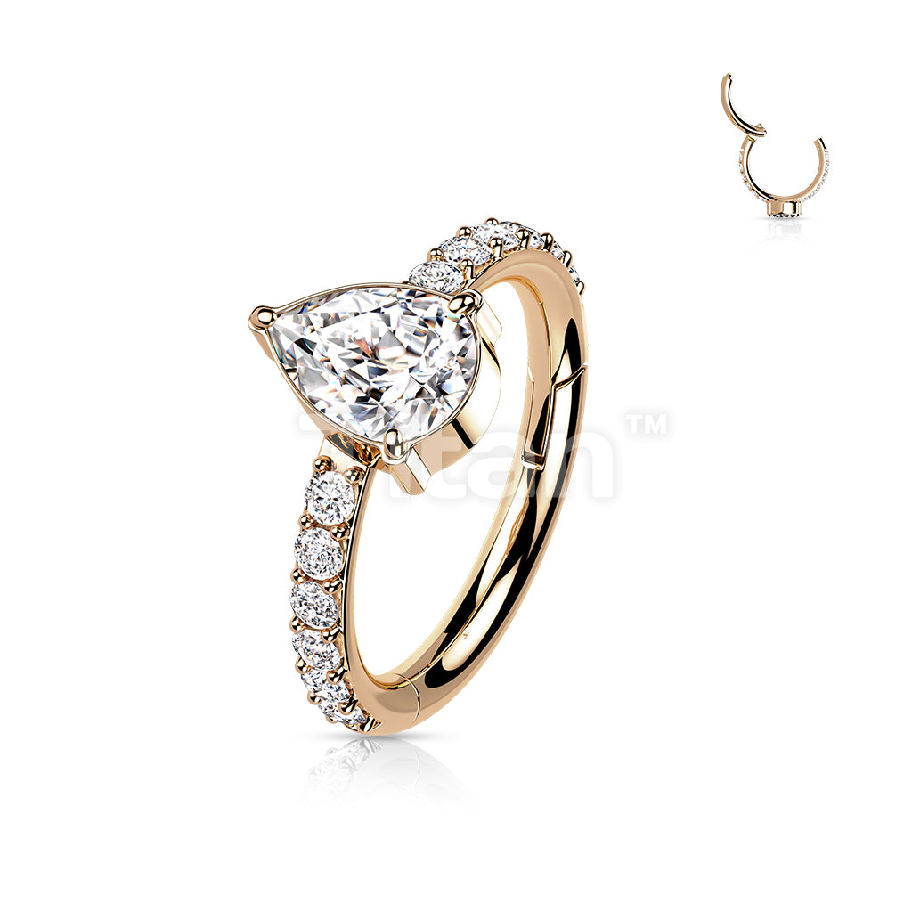 Implant Grade Titanium Hinged Segment Hoop Ring With Teardrop CZ Center and Pave CZ Sides - Image 5