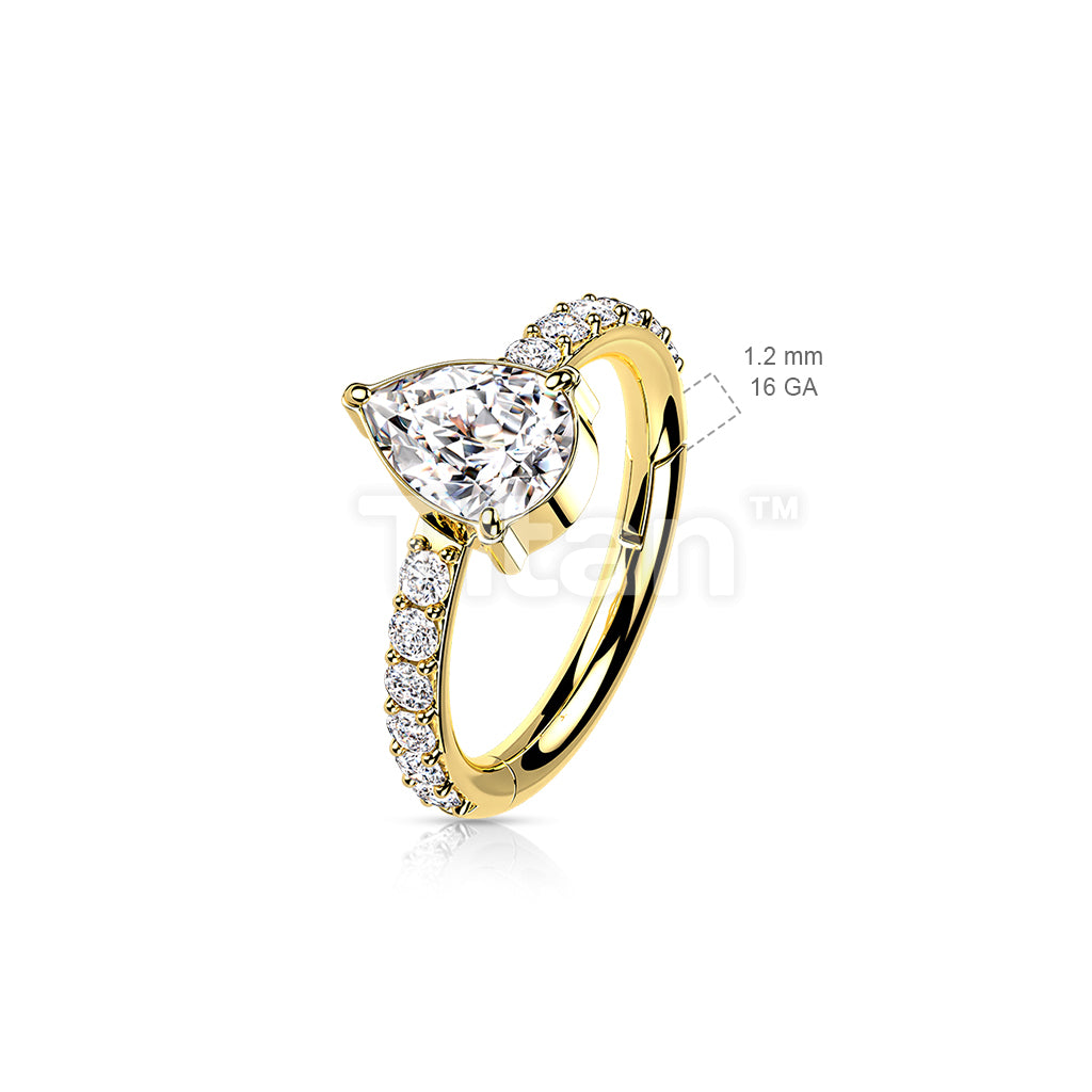 Implant Grade Titanium Hinged Segment Hoop Ring With Teardrop CZ Center and Pave CZ Sides - Image 6