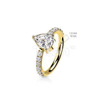 Implant Grade Titanium Hinged Segment Hoop Ring With Teardrop CZ Center and Pave CZ Sides - Image 6