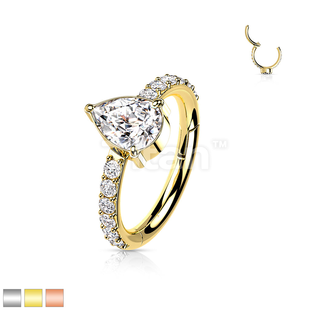 Implant Grade Titanium Hinged Segment Hoop Ring With Teardrop CZ Center and Pave CZ Sides - Image 2