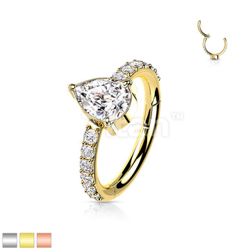 Implant Grade Titanium Hinged Segment Hoop Ring With Teardrop CZ Center and Pave CZ Sides - Image 2