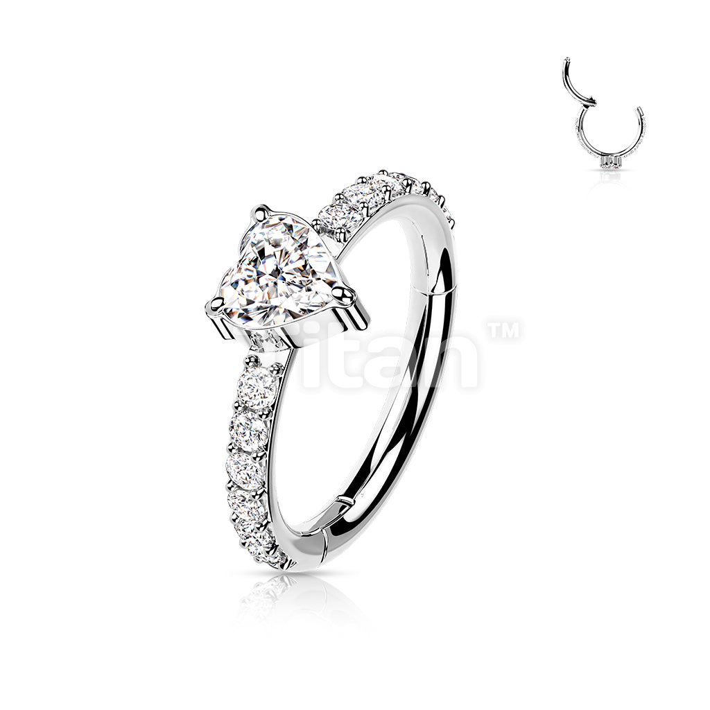 Implant Grade Titanium Hinged Segment Hoop Ring With CZ Heart Center and Pave CZ Sides - Image 3