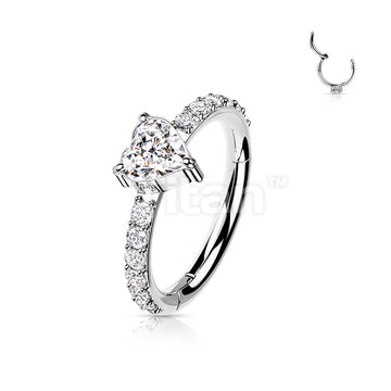 Implant Grade Titanium Hinged Segment Hoop Ring With CZ Heart Center and Pave CZ Sides - Image 3