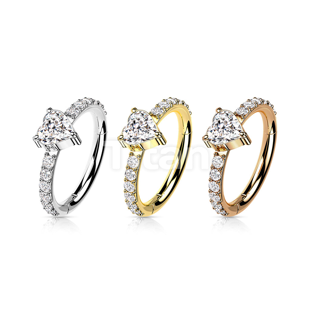 Implant Grade Titanium Hinged Segment Hoop Ring With CZ Heart Center and Pave CZ Sides - Image 7