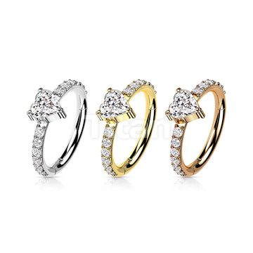 Implant Grade Titanium Hinged Segment Hoop Ring With CZ Heart Center and Pave CZ Sides - Image 7