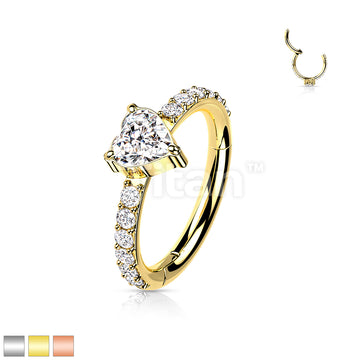 Implant Grade Titanium Hinged Segment Hoop Ring With CZ Heart Center and Pave CZ Sides - Image 2