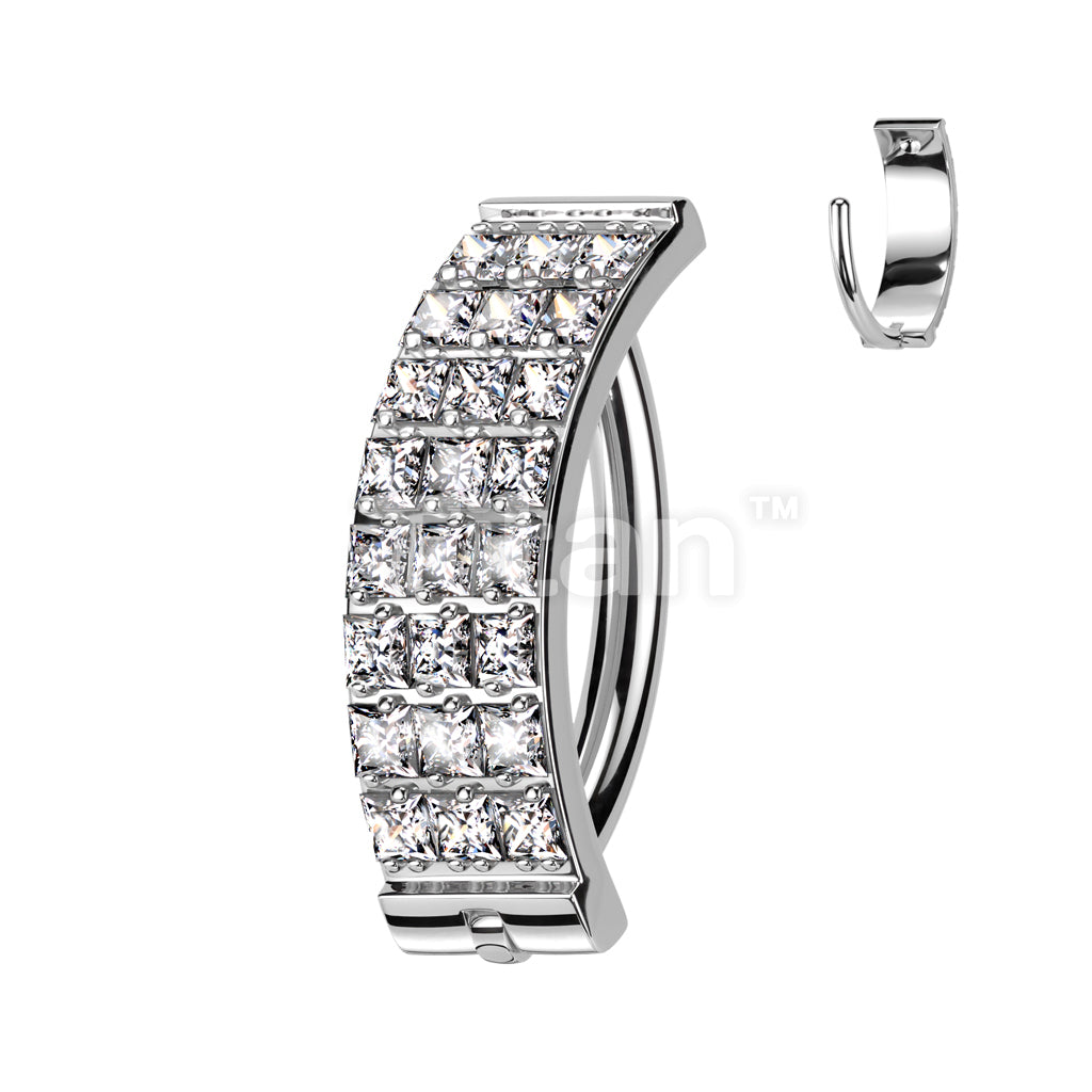 Implant Grade Titanium Hinged Hoop With 3 Pave Line Square CZ Belly Button Ring - Image 3
