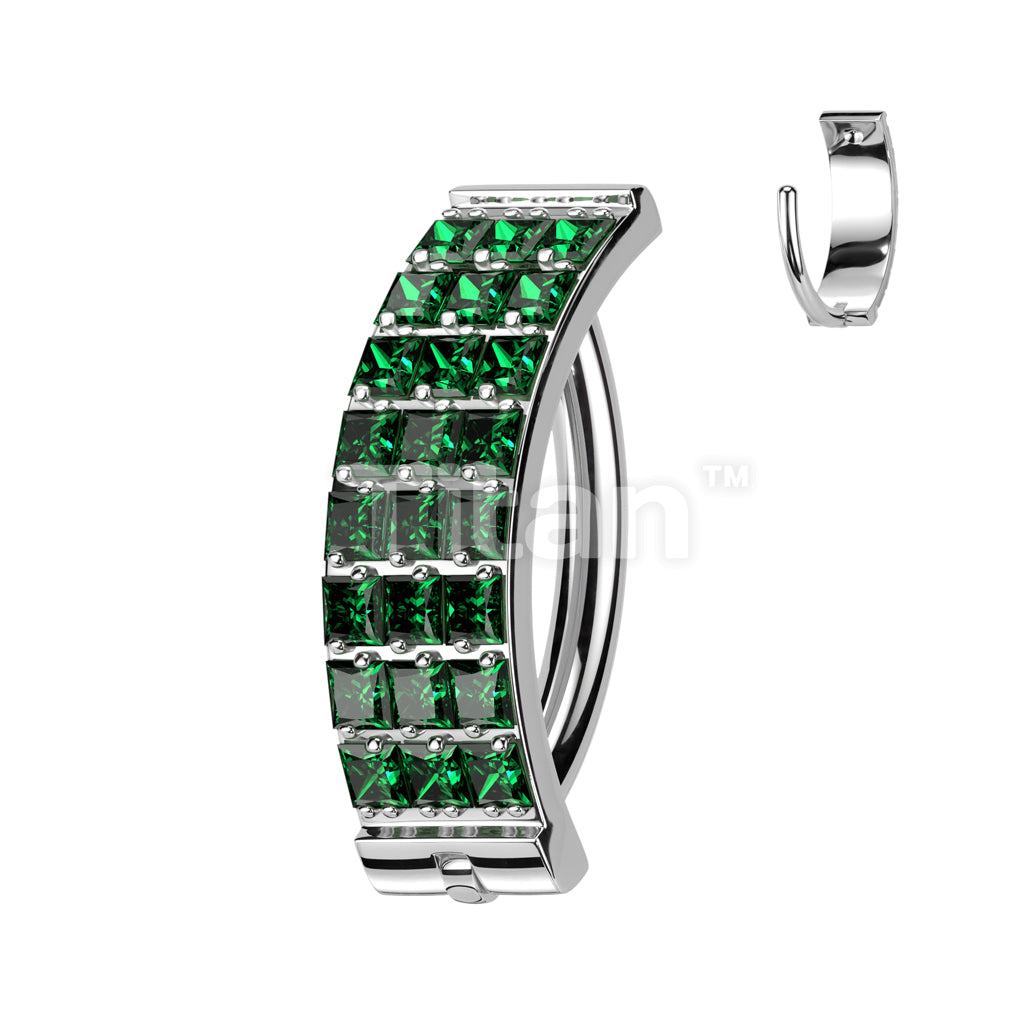 Implant Grade Titanium Hinged Hoop With 3 Pave Line Square CZ Belly Button Ring - Image 4