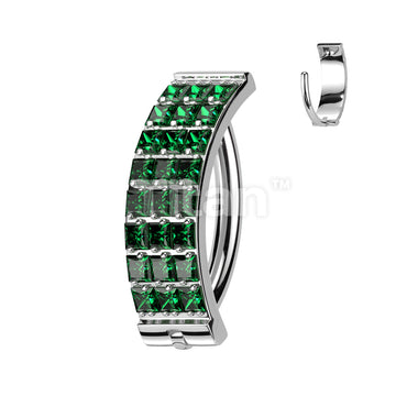 Implant Grade Titanium Hinged Hoop With 3 Pave Line Square CZ Belly Button Ring - Image 4