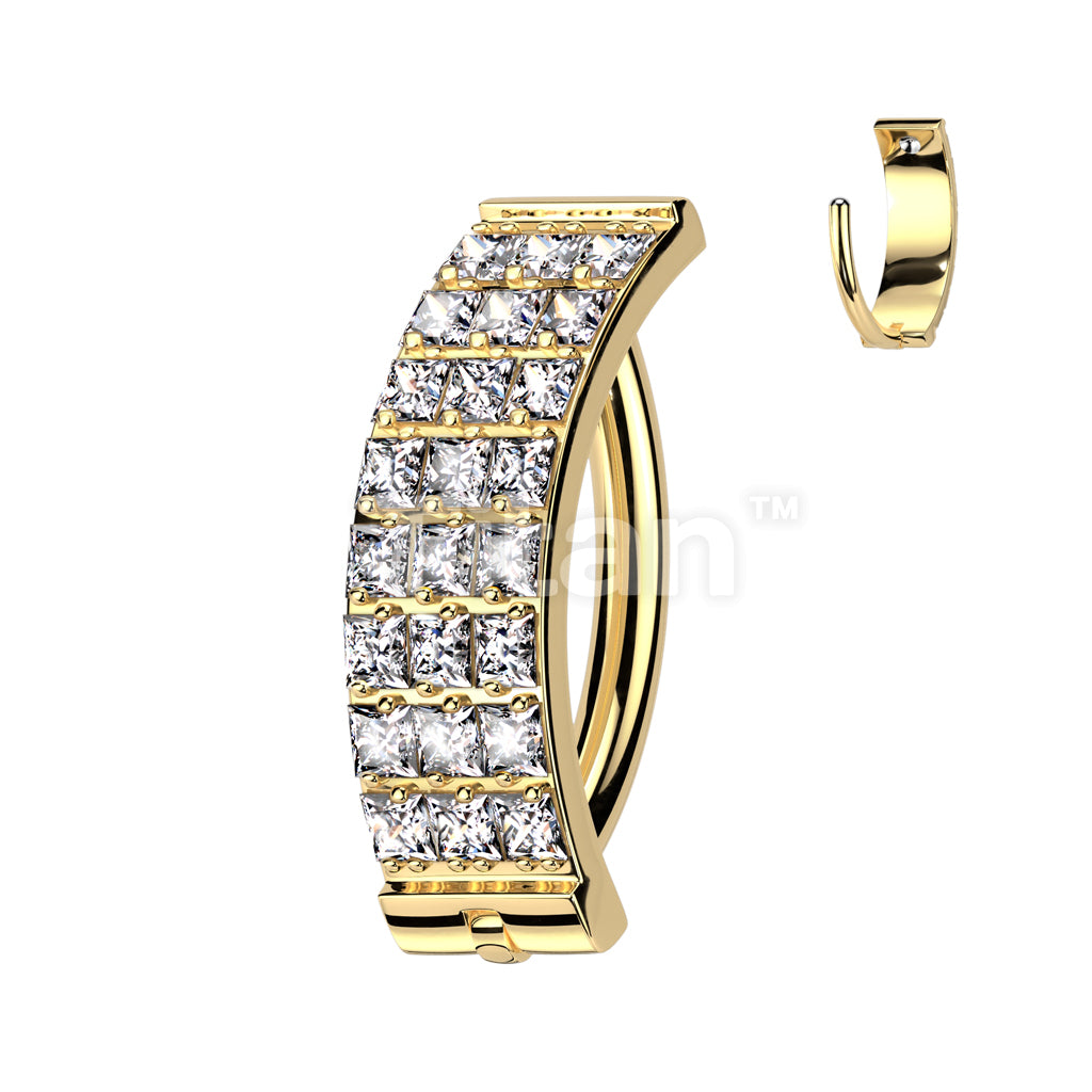 Implant Grade Titanium Hinged Hoop With 3 Pave Line Square CZ Belly Button Ring - Image 5