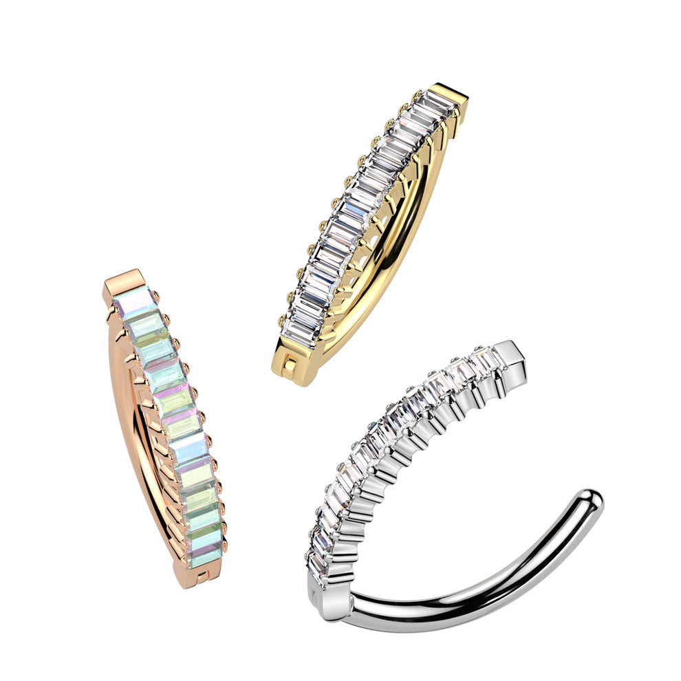 Implant Grade Titanium Hinged Vertical Baguette CZ Hoop Belly Button Ring