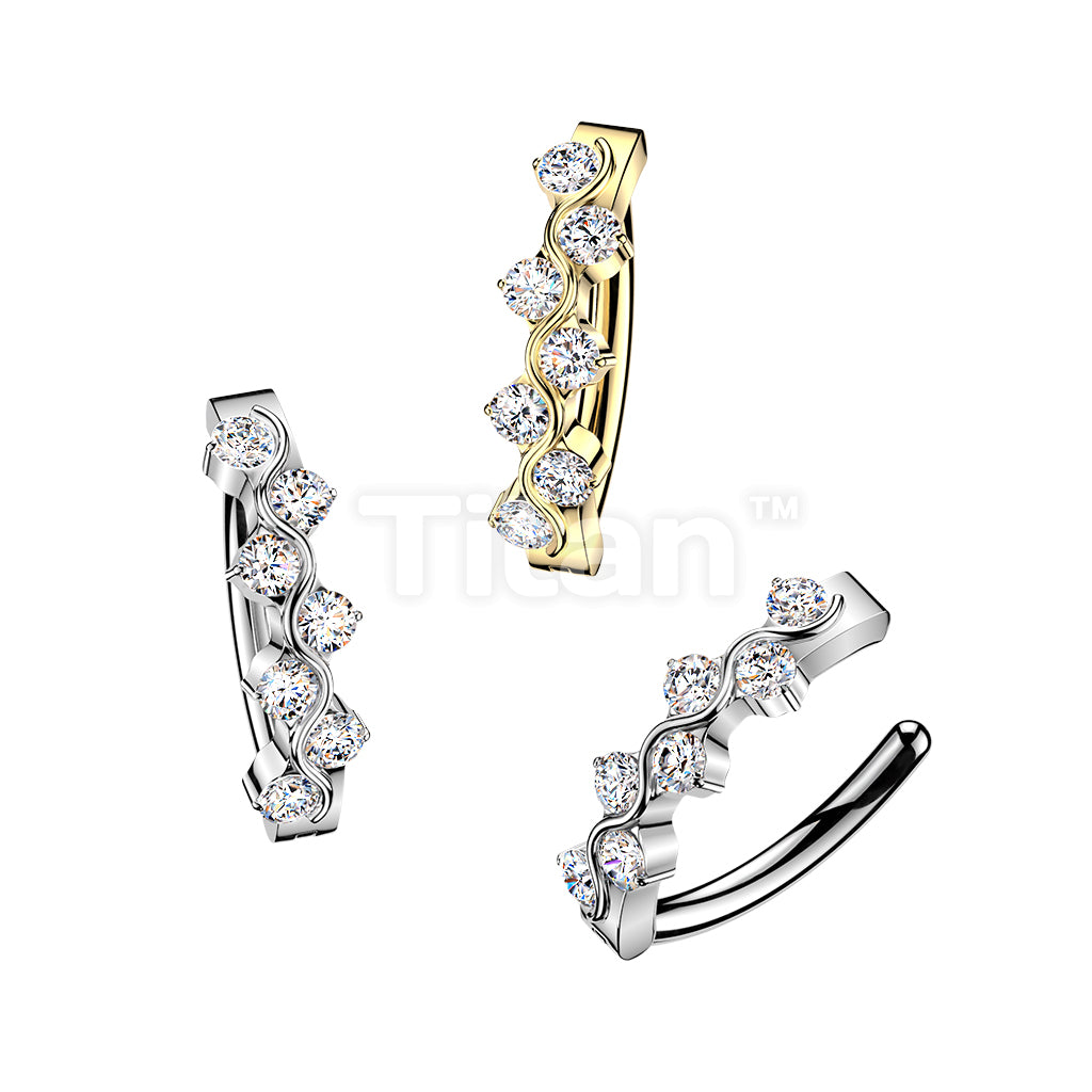 Titanium Hinged Hoop Belly Button Ring With CZ Accented Wave