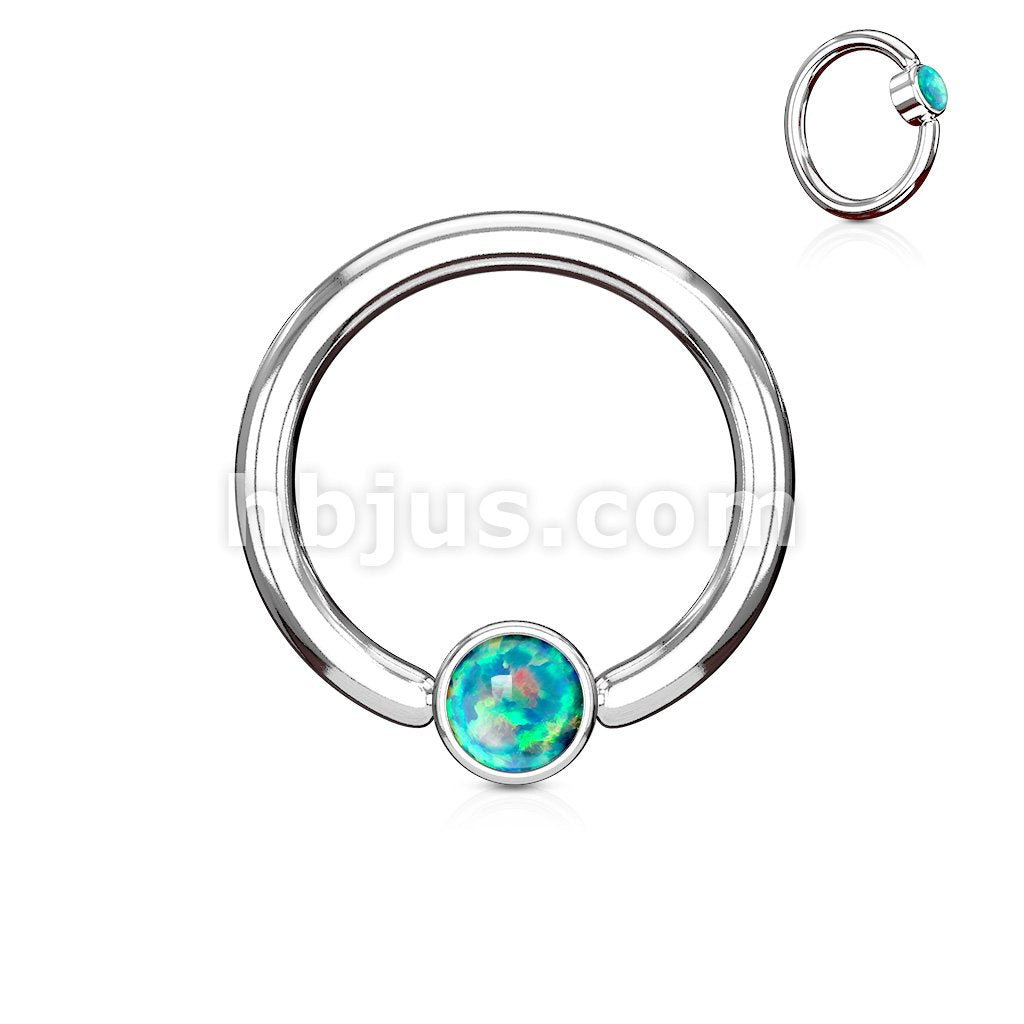 Opal Set Round Flat Cylinder Captive Hoop Rings 316L surgical Steel - Image 2