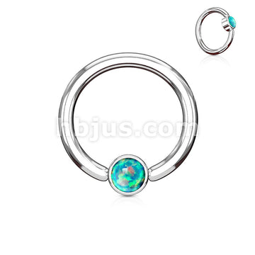 Opal Set Round Flat Cylinder Captive Hoop Rings 316L surgical Steel - Image 2