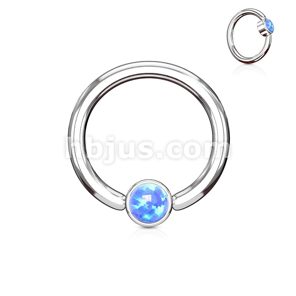 Opal Set Round Flat Cylinder Captive Hoop Rings 316L surgical Steel - Image 3