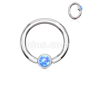 Opal Set Round Flat Cylinder Captive Hoop Rings 316L surgical Steel - Image 3