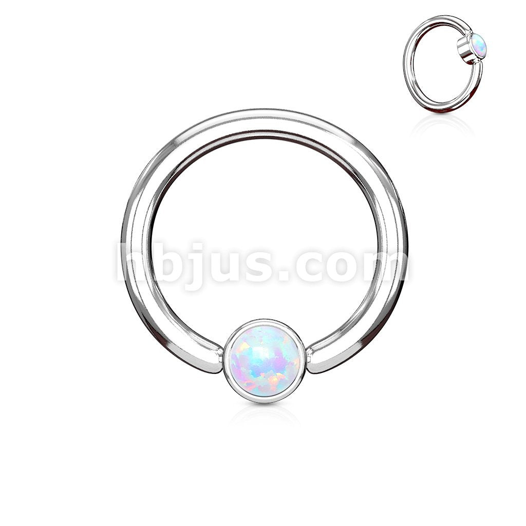 Opal Set Round Flat Cylinder Captive Hoop Rings 316L surgical Steel - Image 4