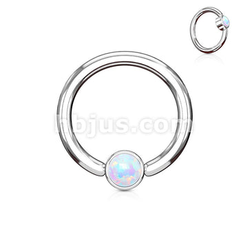 Opal Set Round Flat Cylinder Captive Hoop Rings 316L surgical Steel - Image 4