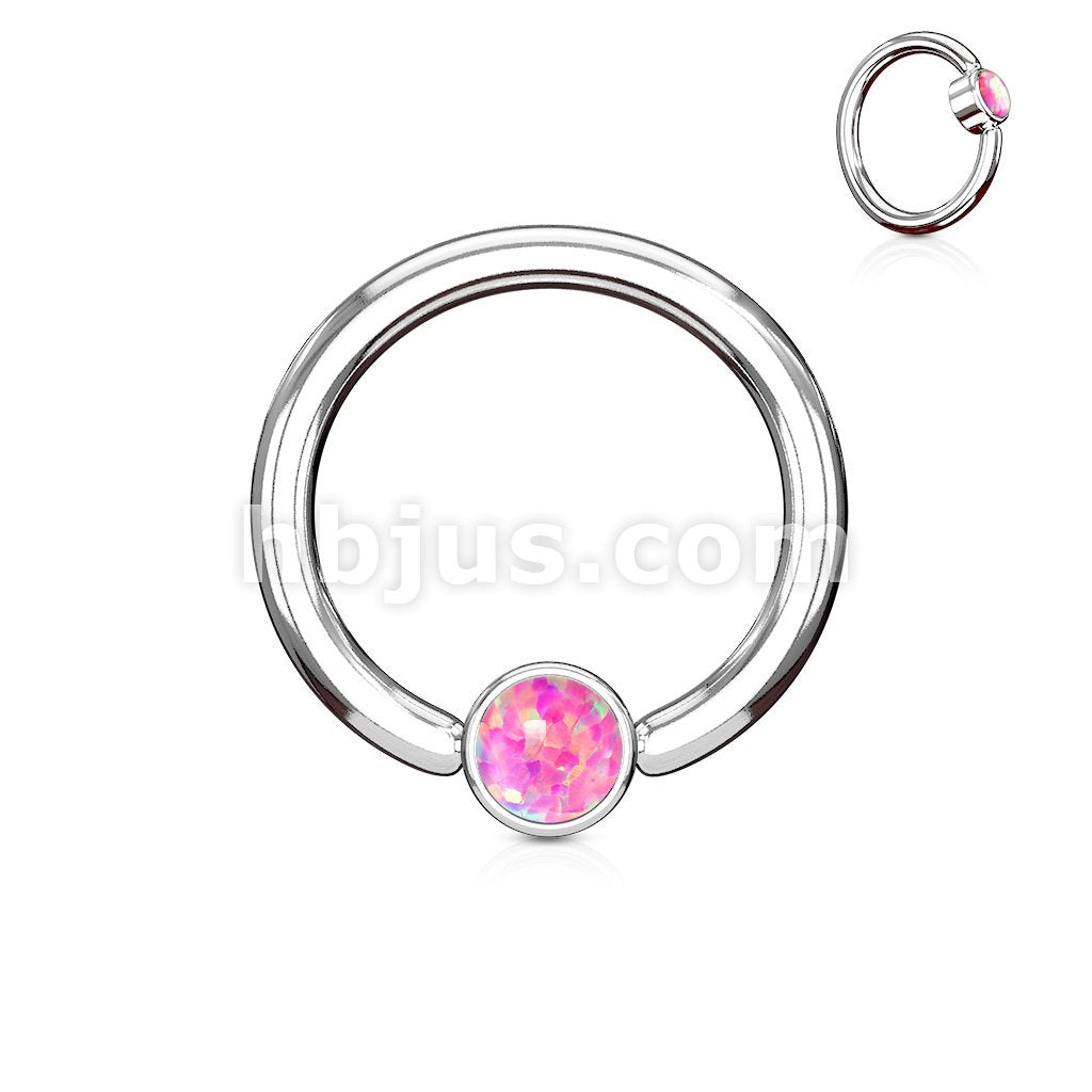 Opal Set Round Flat Cylinder Captive Hoop Rings 316L surgical Steel - Image 5