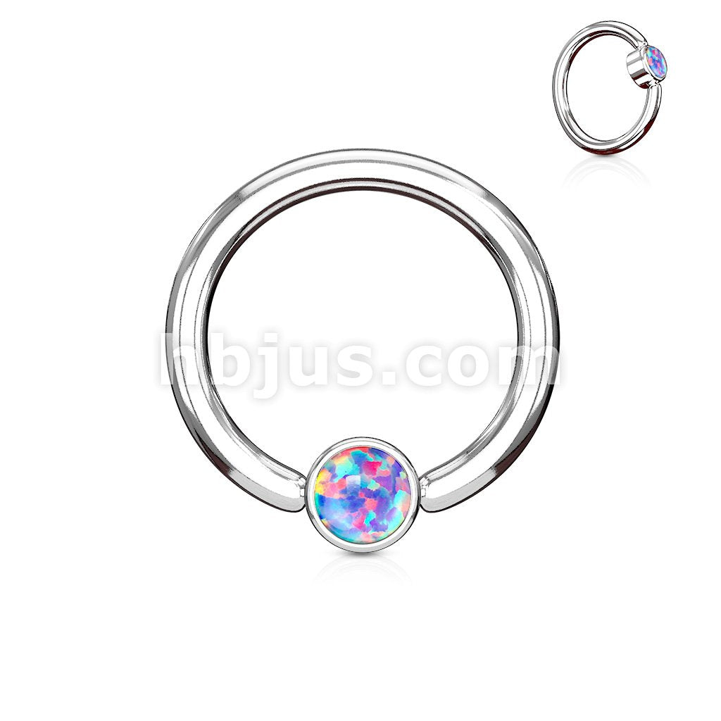 Opal Set Round Flat Cylinder Captive Hoop Rings 316L surgical Steel - Image 6