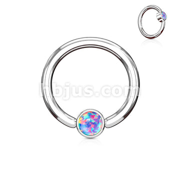 Opal Set Round Flat Cylinder Captive Hoop Rings 316L surgical Steel - Image 6