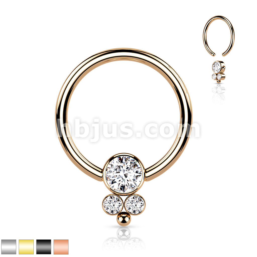 3 CZ Cluster Round Flat Ball 316L Surgical Steel Captive Bead Ring - Image 2