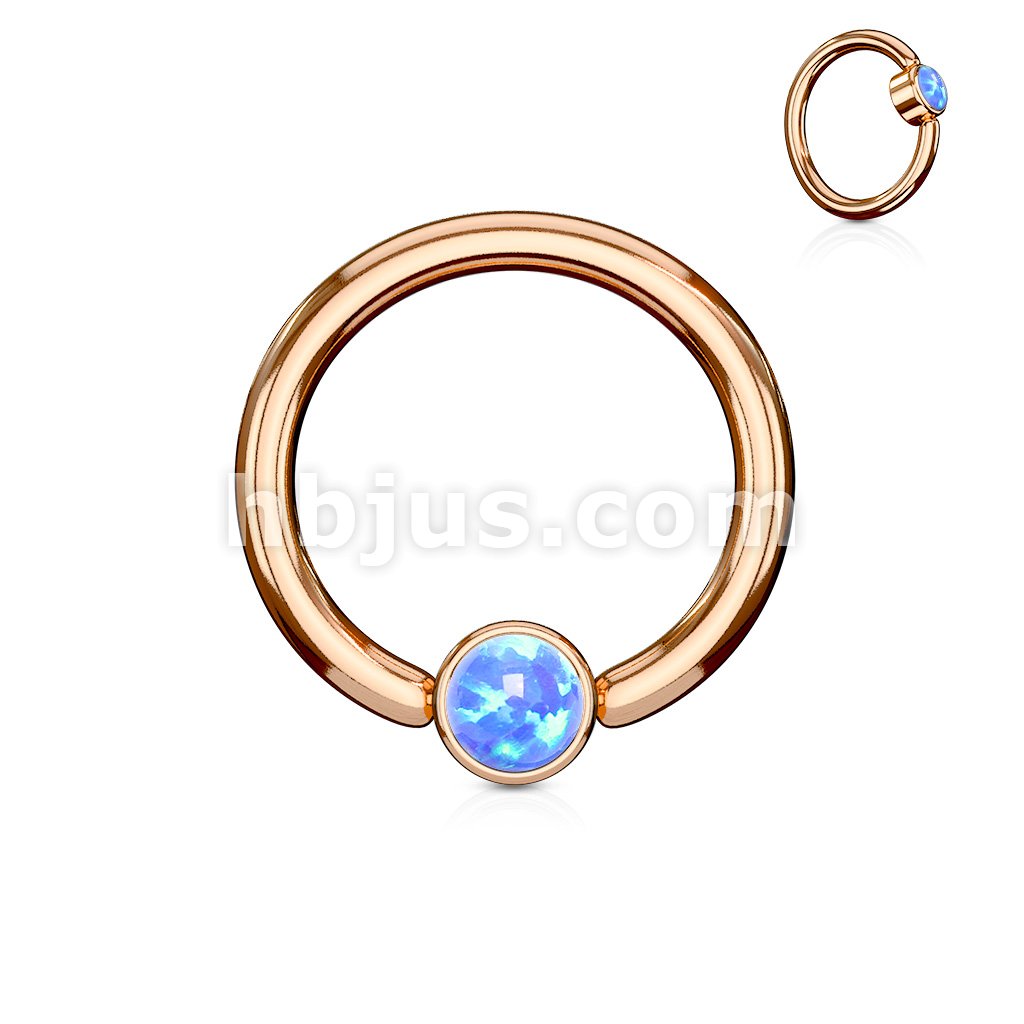 Opal Set Round Flat Cylinder Captive Rings RoseGold IP Over 316L... - Image 2
