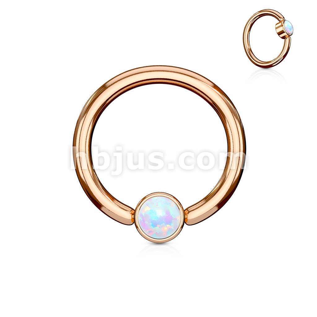 Opal Set Round Flat Cylinder Captive Rings RoseGold IP Over 316L... - Image 3