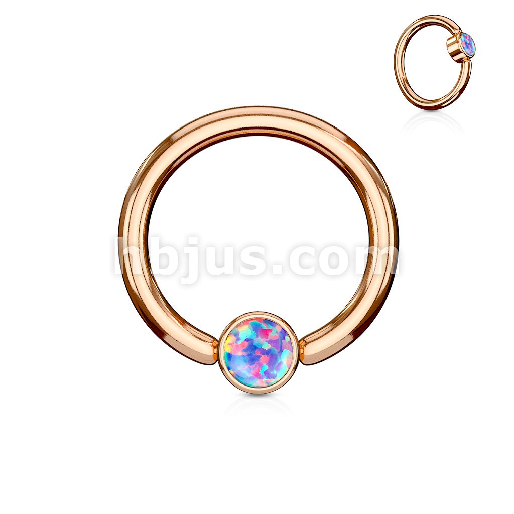 Opal Set Round Flat Cylinder Captive Rings RoseGold IP Over 316L... - Image 4