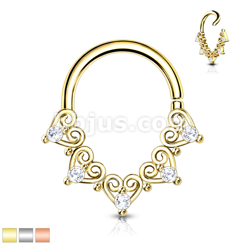 Brass Heart Filigree with Mini CZ Details Bendable Hoop for Daith,... - Image 3