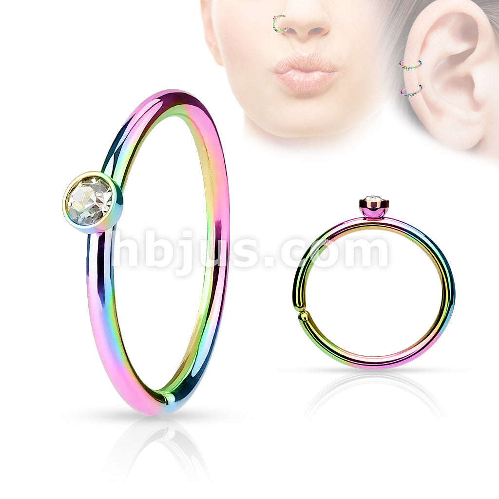 Tiny Crystal Set Side IP over 316L Surgical Steel Nose Hoop Cut Rings - Image 5