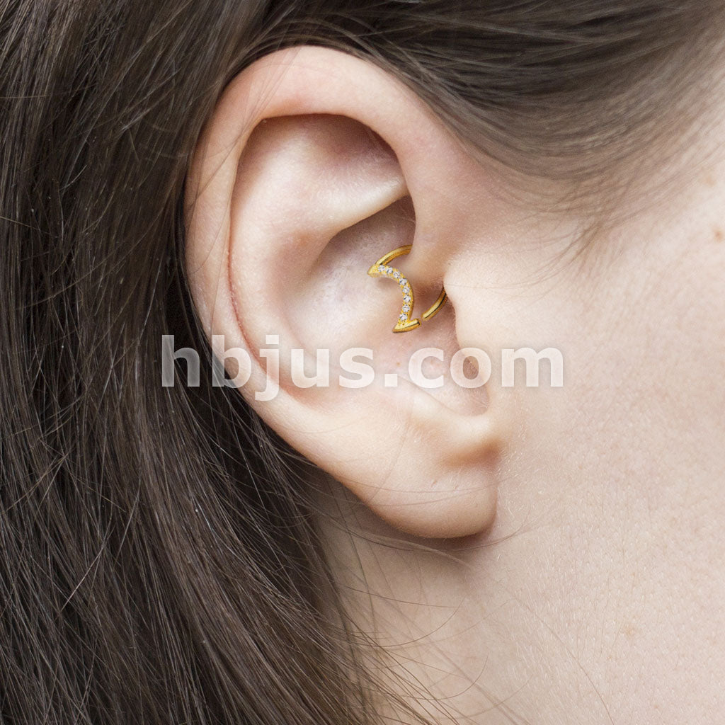 Brass Crystal Lined Crescent Moon Shaped 316L Surgical Steel Ear... - Image 8