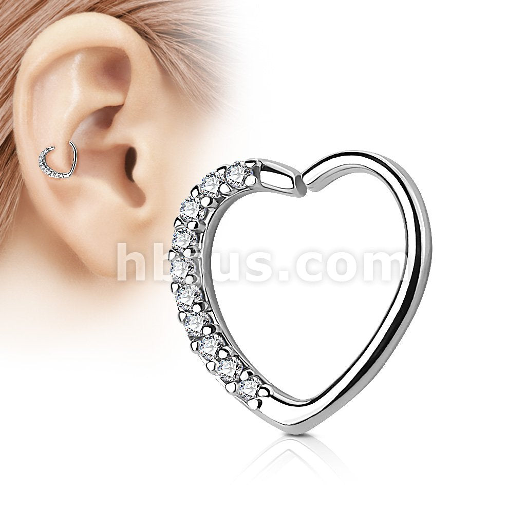 Brass Lined CZ Set Heart 16 Gauge Ear Cartilage Hoop Rings - Image 2