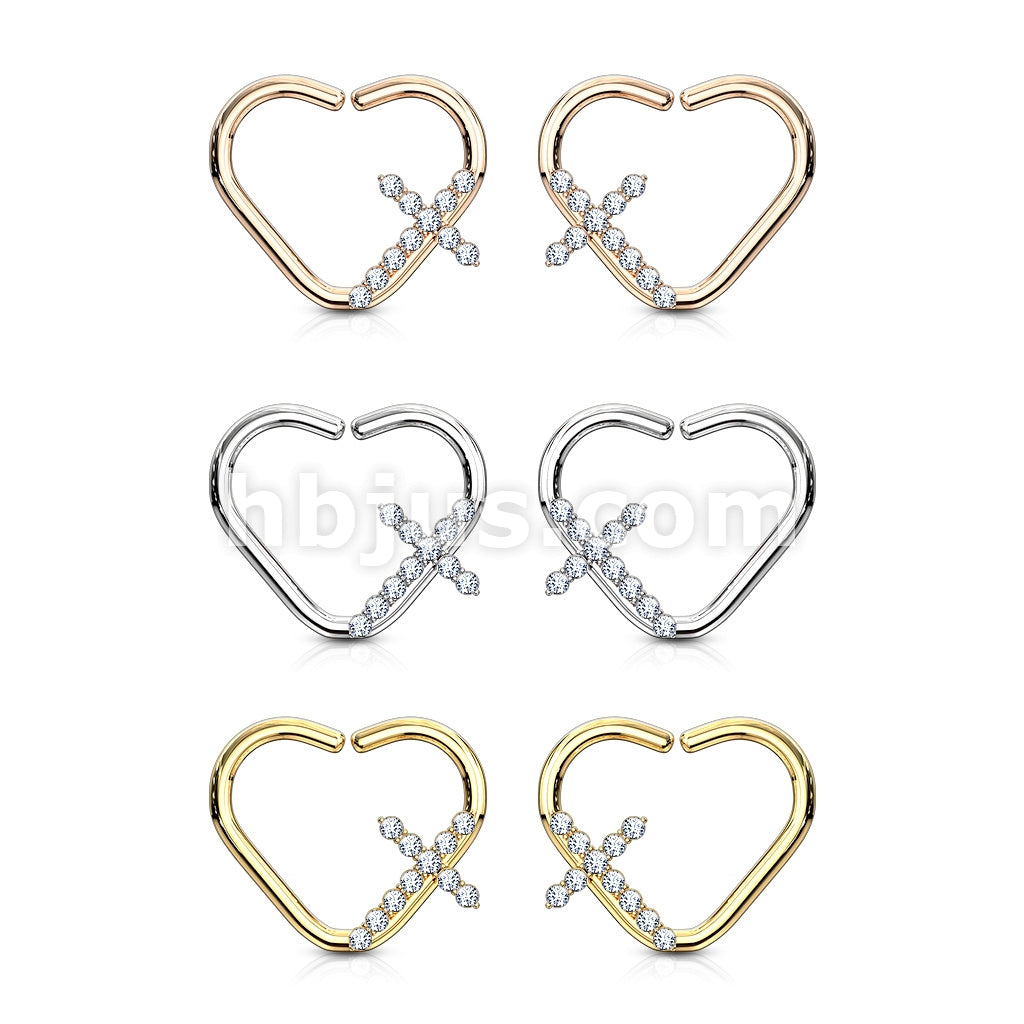 Brass CZ Paved Cross Heart Shape Ear Cartilge, Daith Hoop Rings - Image 10
