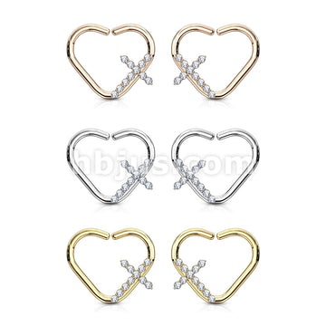 Brass CZ Paved Cross Heart Shape Ear Cartilge, Daith Hoop Rings - Image 10