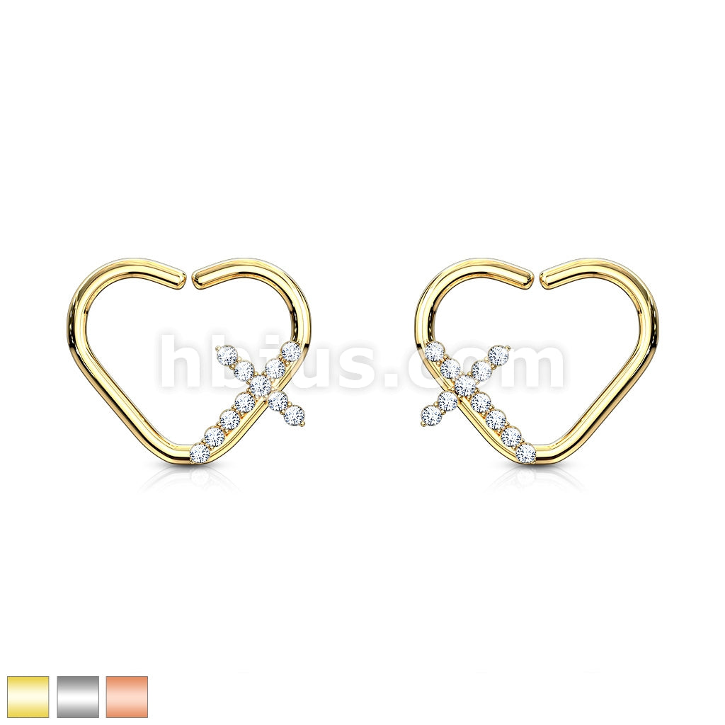 Brass CZ Paved Cross Heart Shape Ear Cartilge, Daith Hoop Rings - Image 2